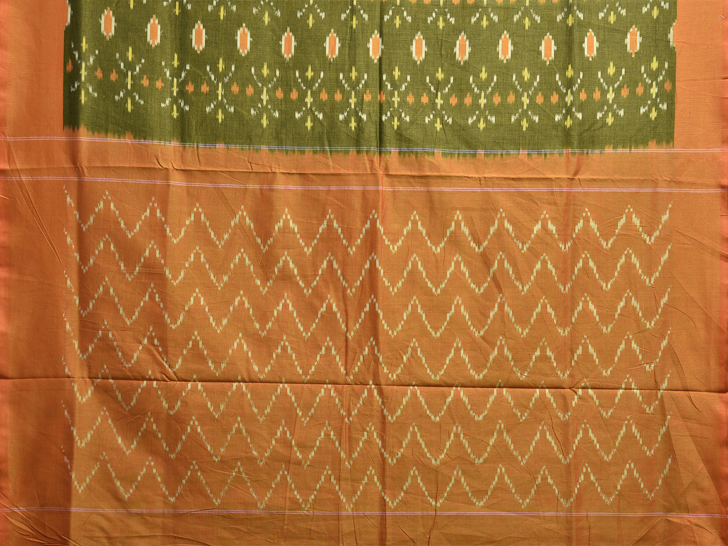 Green and Orange Pochampally Ikat Cotton Handloom Saree with Buta and Zig-Zag Pallu Design No Blouse i0921