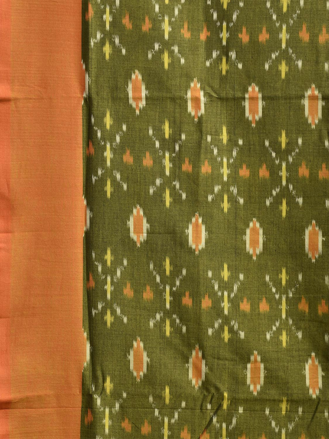 Green and Orange Pochampally Ikat Cotton Handloom Saree with Buta and Zig-Zag Pallu Design No Blouse i0921