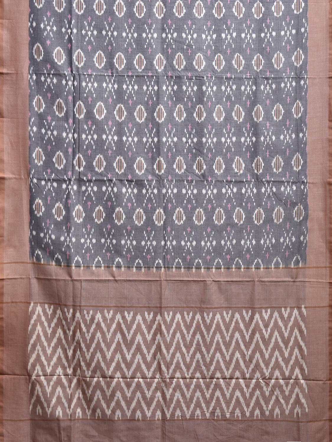 Grey and White Pochampally Ikat Cotton Handloom Saree with All Over Body and Zig-Zag Pallu Design No Blouse i0922