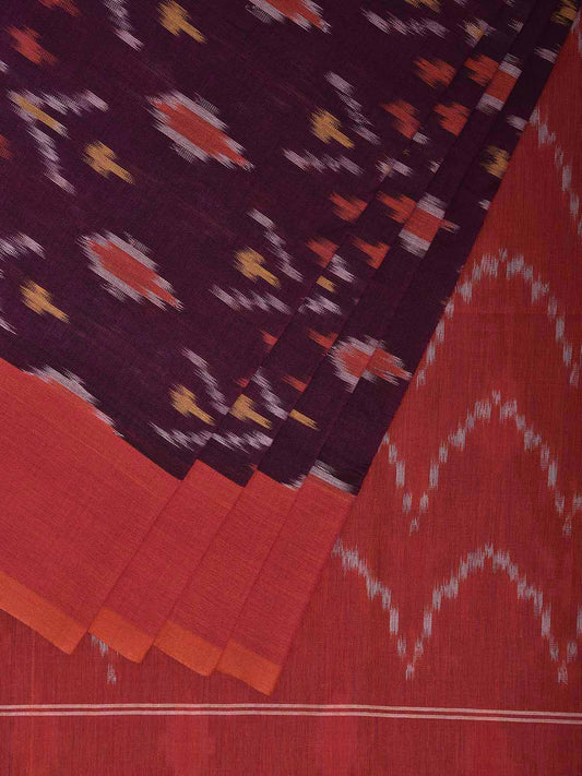 Wine and Pink Pochampally Ikat Cotton Handloom Saree with Body Buta and Zig-Zag Pallu Design No Blouse i0923