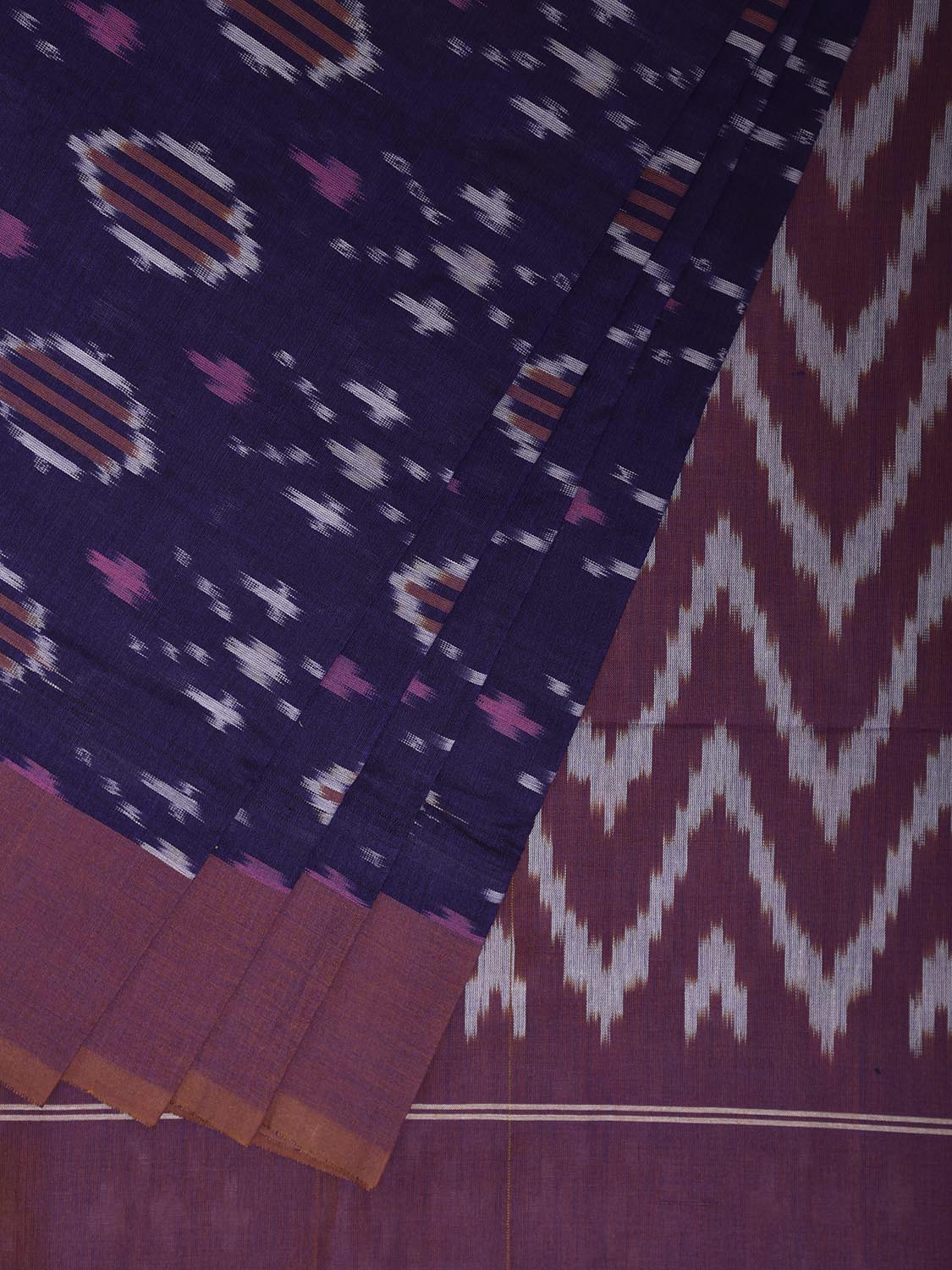 Dark Blue and Light Purple Pochampally Ikat Cotton Handloom Saree with All Over Body and Zig-Zag Pallu Design No Blouse i0925