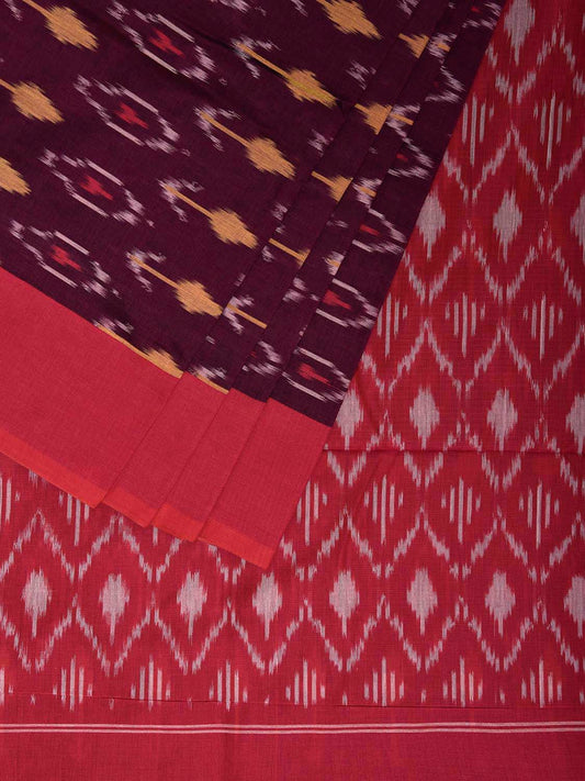 Wine and Red Pochampally Ikat Cotton Handloom Saree with All Over Design No Blouse i0926