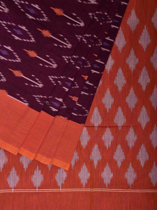 Wine and Orange Pochampally Ikat Cotton Handloom Saree with All Over Design No Blouse i0927