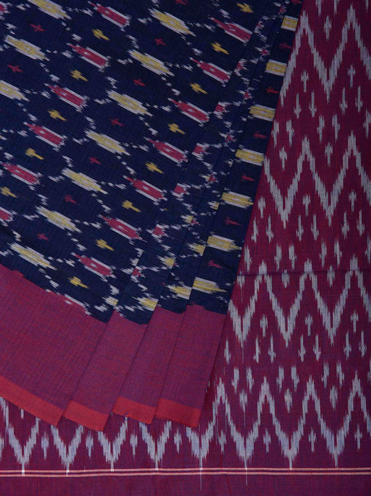 Navy and Purple Ikat Cotton Handloom Saree with All Over Grill Design No Blouse i0931
