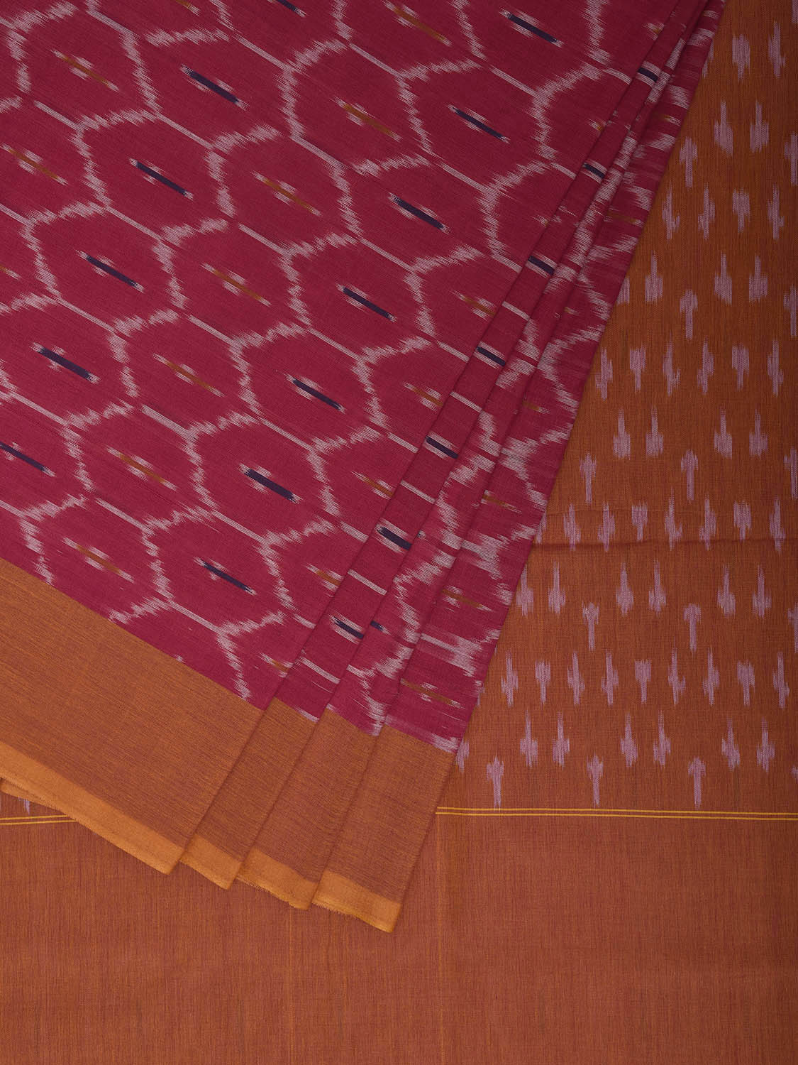 Pink and Mustard Ikat Cotton Handloom Saree with All Over Grill Design No Blouse i0932