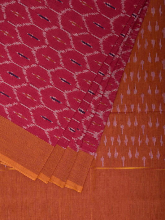Pink and Mustard Ikat Cotton Handloom Saree with All Over Grill Design No Blouse i0932