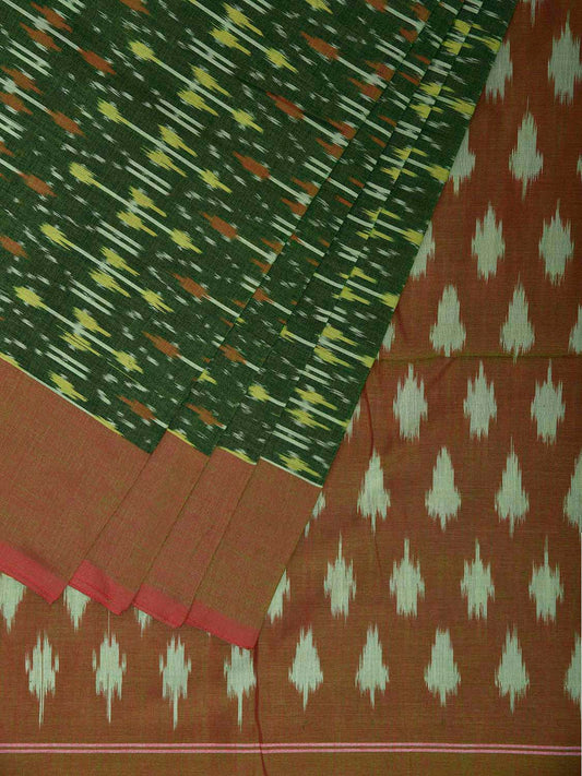 Green and Fawn Ikat Cotton Handloom Saree with All Over Design No Blouse i0934
