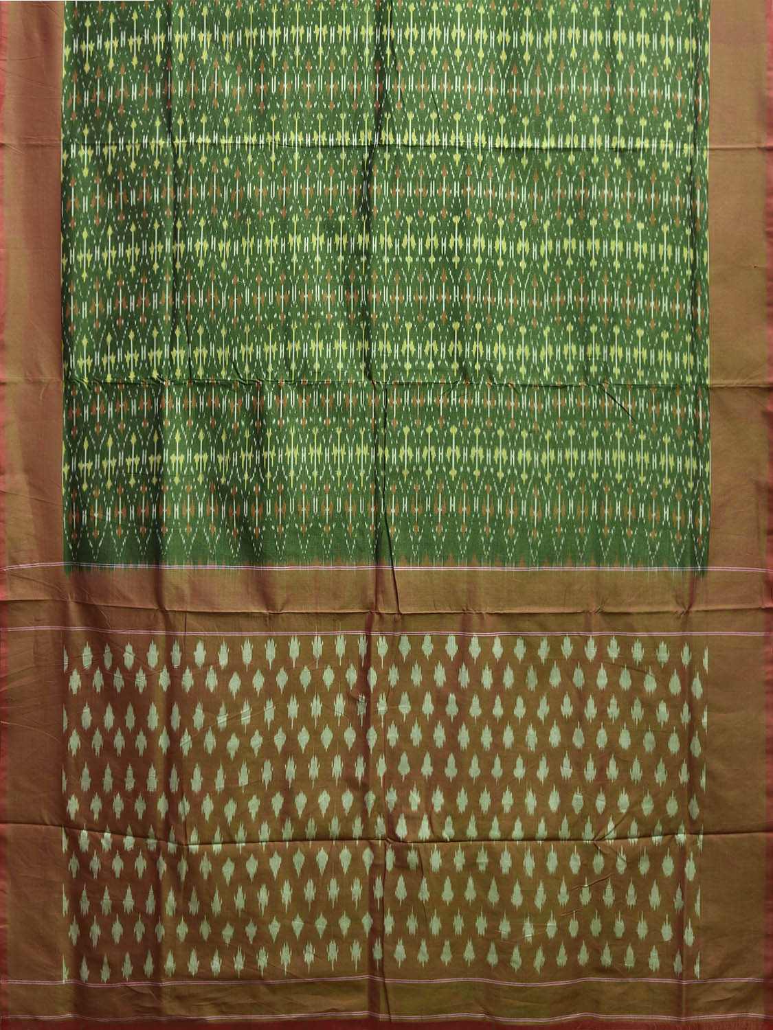 Green and Fawn Ikat Cotton Handloom Saree with All Over Design No Blouse i0934