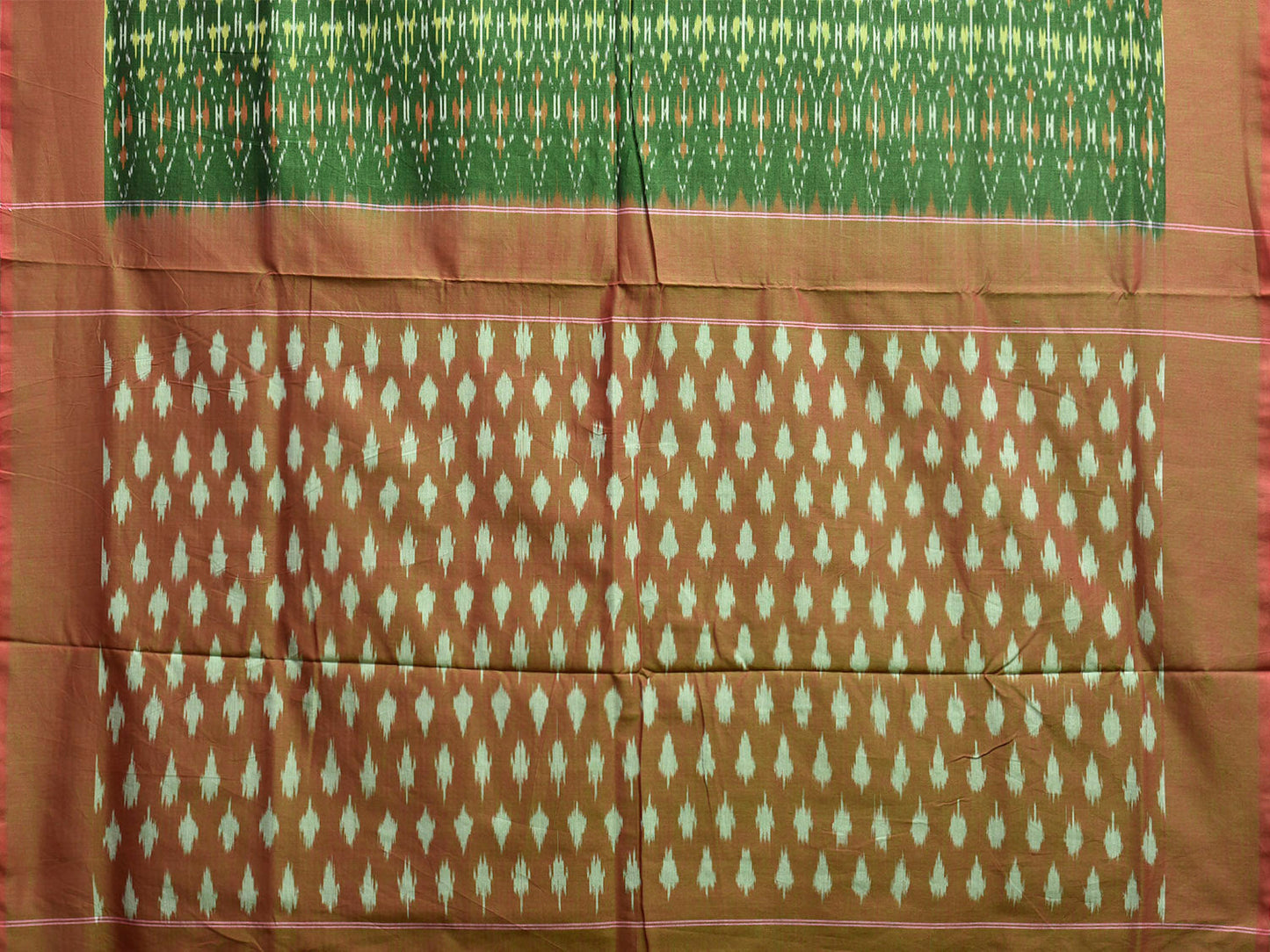Green and Fawn Ikat Cotton Handloom Saree with All Over Design No Blouse i0934