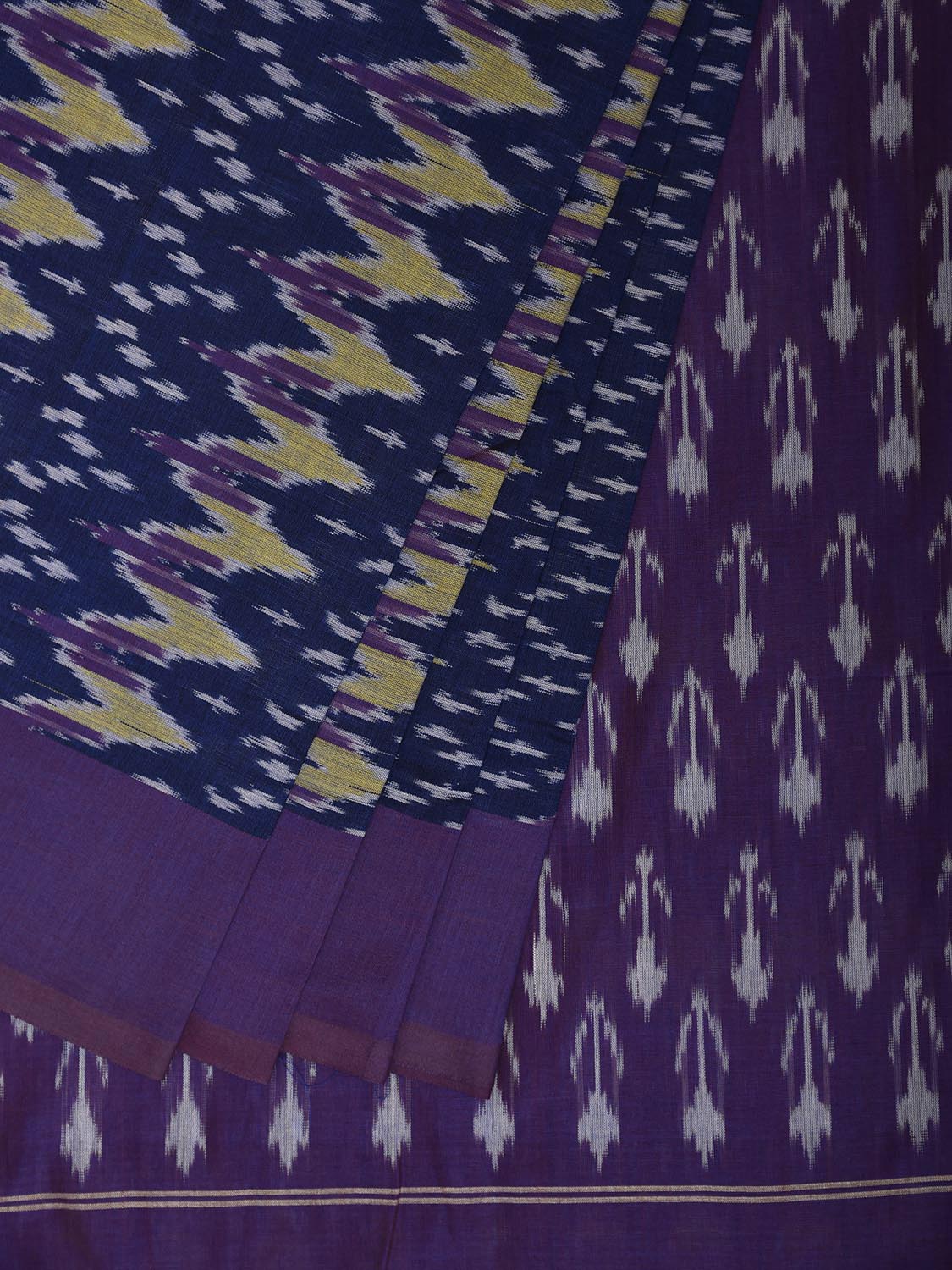 Dark Blue and Purple Ikat Cotton Handloom Saree with All Over Zig-Zag Design No Blouse i0935