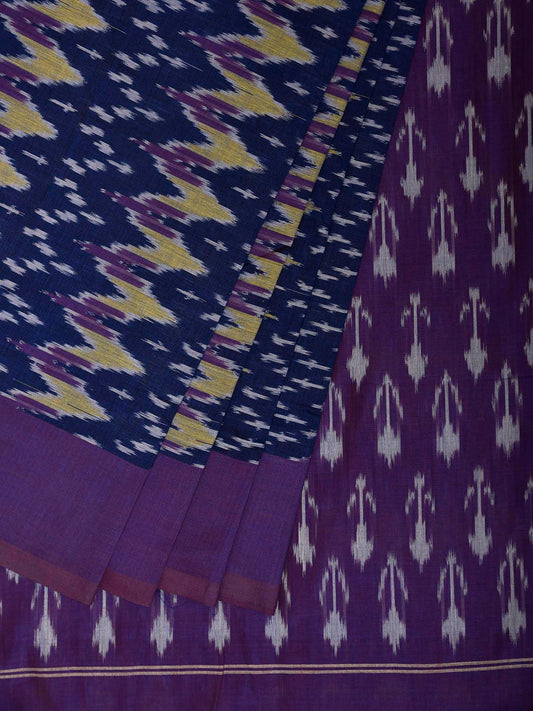 Dark Blue and Purple Ikat Cotton Handloom Saree with All Over Zig-Zag Design No Blouse i0935