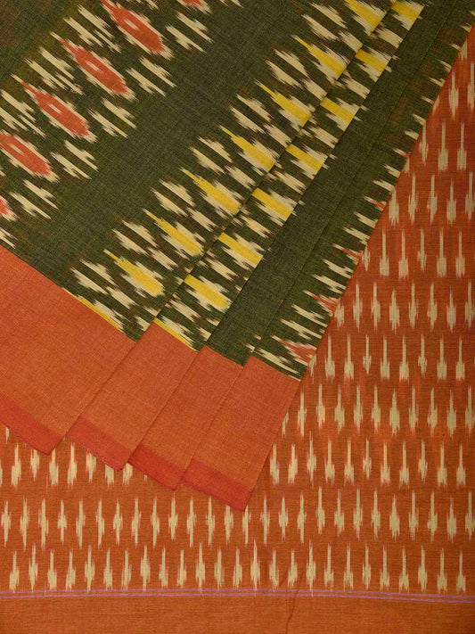 Olive and Orange Ikat Cotton Handloom Saree with All Over Design No Blouse i0936