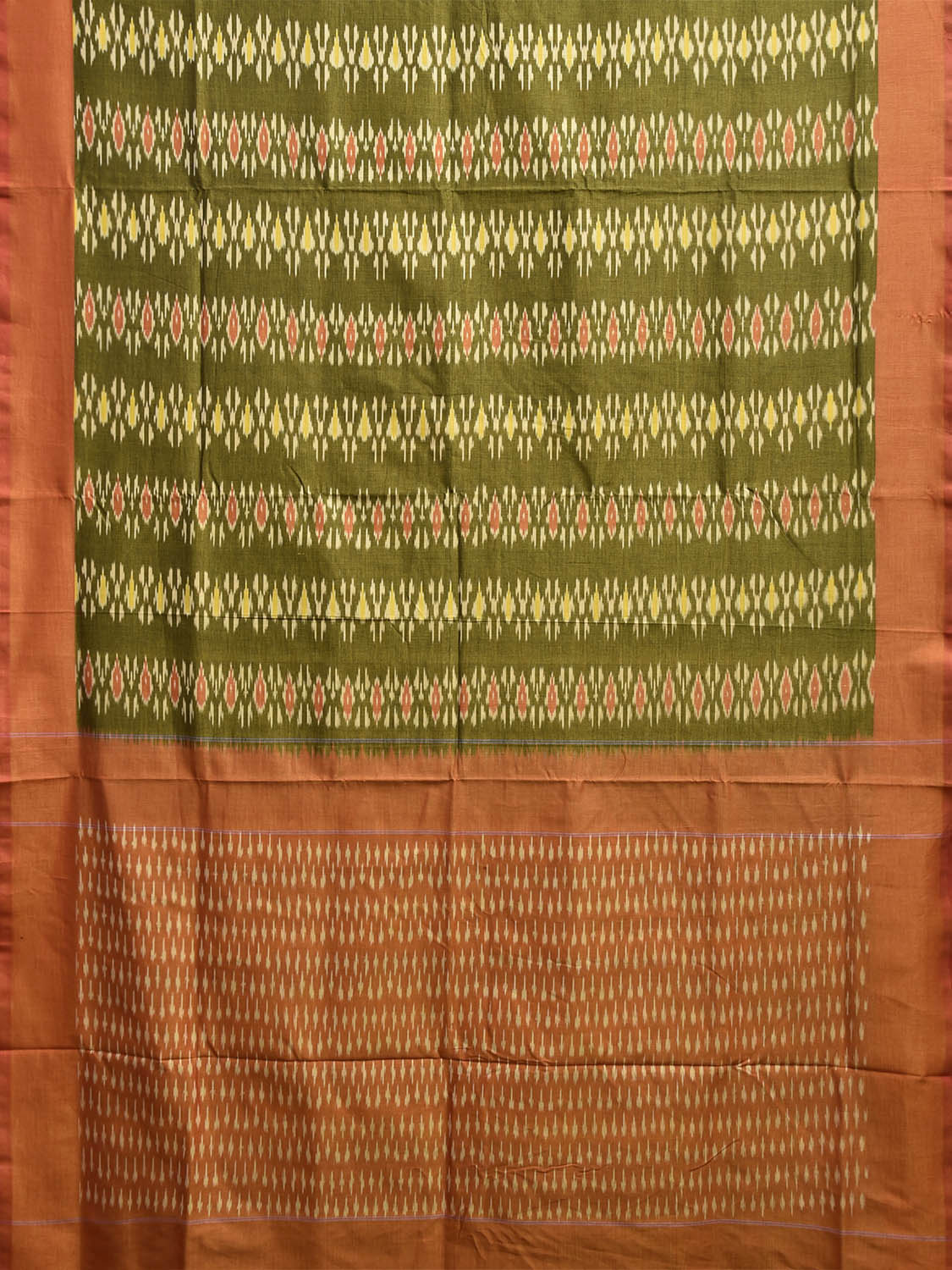 Olive and Orange Ikat Cotton Handloom Saree with All Over Design No Blouse i0936