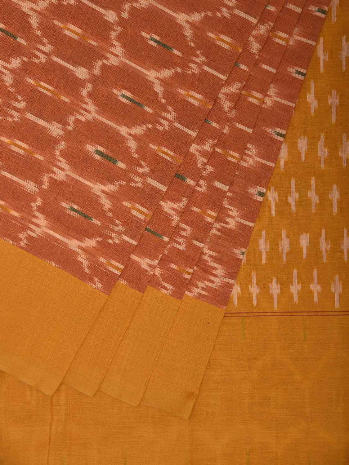 Orange and Yellow Ikat Cotton Handloom Saree with All Over Grill Design No Blouse i0938