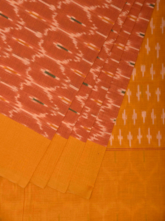 Orange and Yellow Ikat Cotton Handloom Saree with All Over Grill Design No Blouse i0938