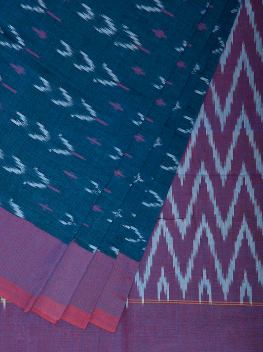 Teal and Purple Ikat Cotton Handloom Saree with Zig-Zag Pallu Design No Blouse i0939