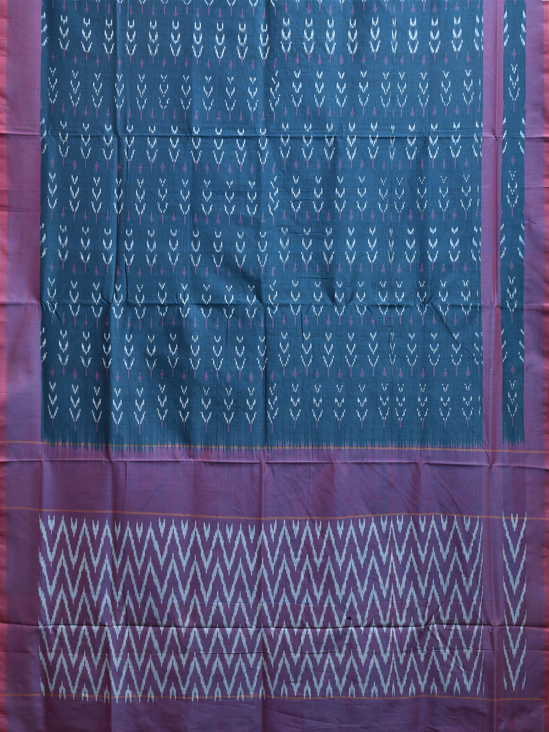 Teal and Purple Ikat Cotton Handloom Saree with Zig-Zag Pallu Design No Blouse i0939