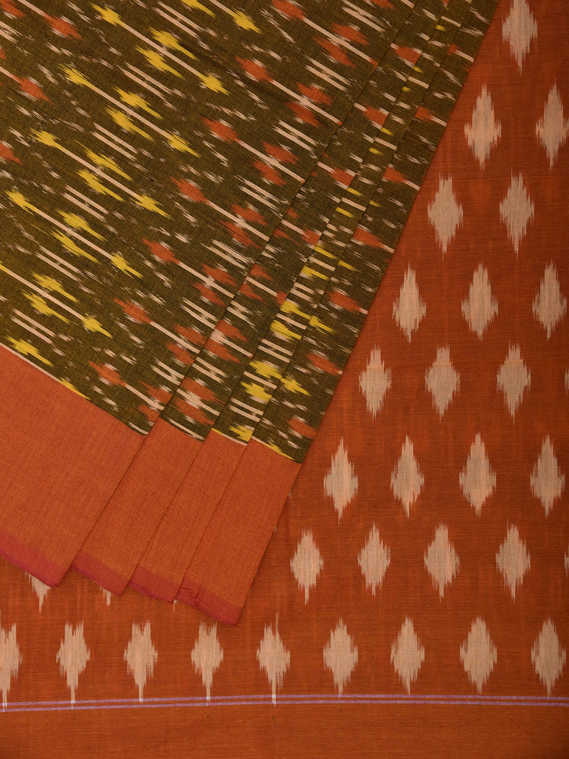 Olive and Orange Pochampally Ikat Cotton Handloom Saree with Grill Design No Blouse i0940