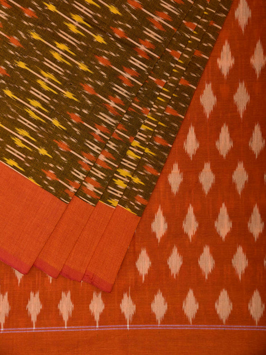 Olive and Orange Pochampally Ikat Cotton Handloom Saree with Grill Design No Blouse i0940
