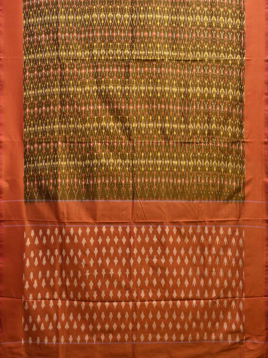 Olive and Orange Pochampally Ikat Cotton Handloom Saree with Grill Design No Blouse i0940