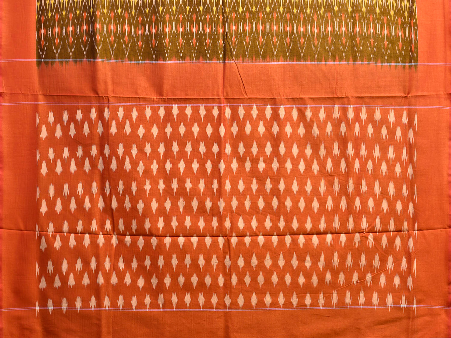 Olive and Orange Pochampally Ikat Cotton Handloom Saree with Grill Design No Blouse i0940