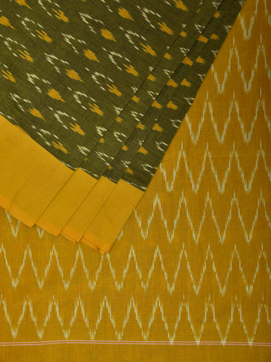 Green and Yellow Pochampally Ikat Cotton Handloom Saree with Zig-Zag Pallu Design No Blouse i0941