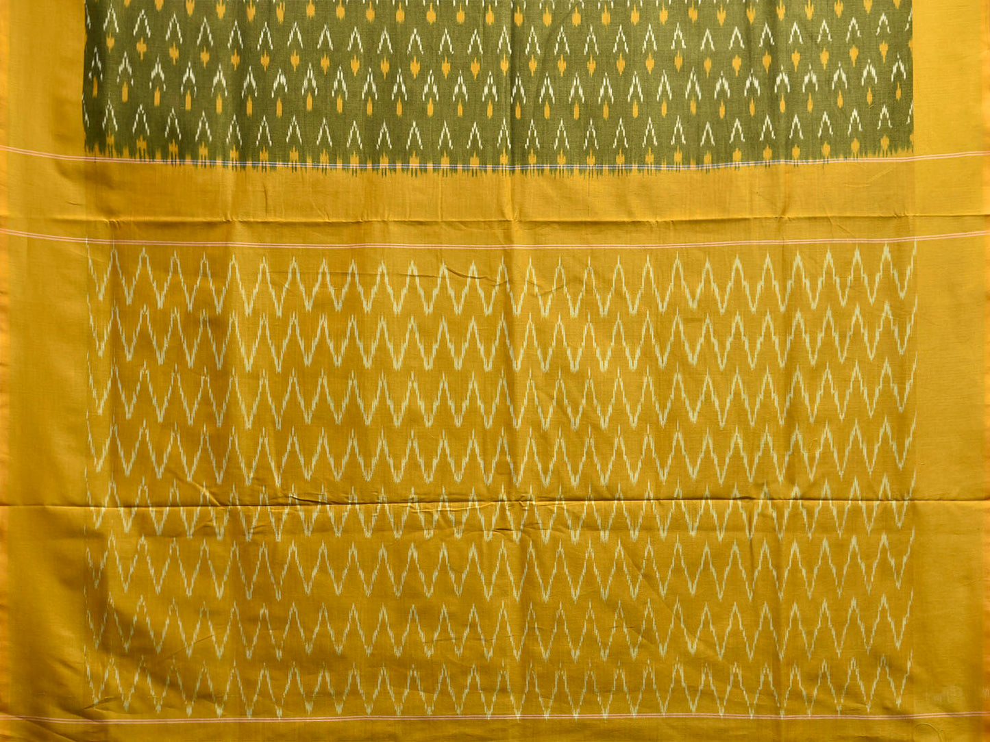 Green and Yellow Pochampally Ikat Cotton Handloom Saree with Zig-Zag Pallu Design No Blouse i0941