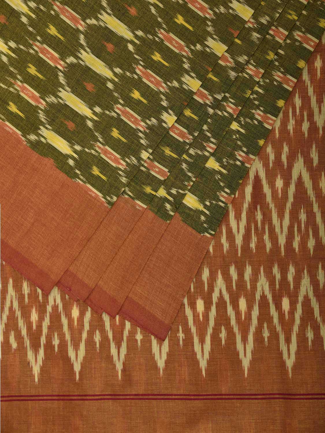 Green and Light Orange Pochampally Ikat Cotton Handloom Saree with Grill Design No Blouse i0942