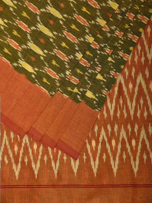Green and Light Orange Pochampally Ikat Cotton Handloom Saree with Grill Design No Blouse i0942