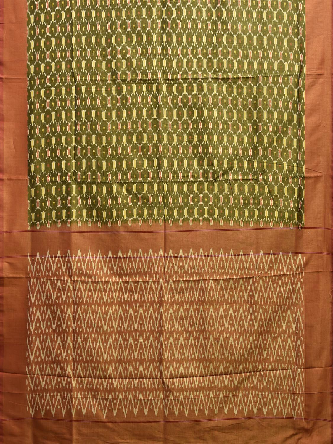 Green and Light Orange Pochampally Ikat Cotton Handloom Saree with Grill Design No Blouse i0942