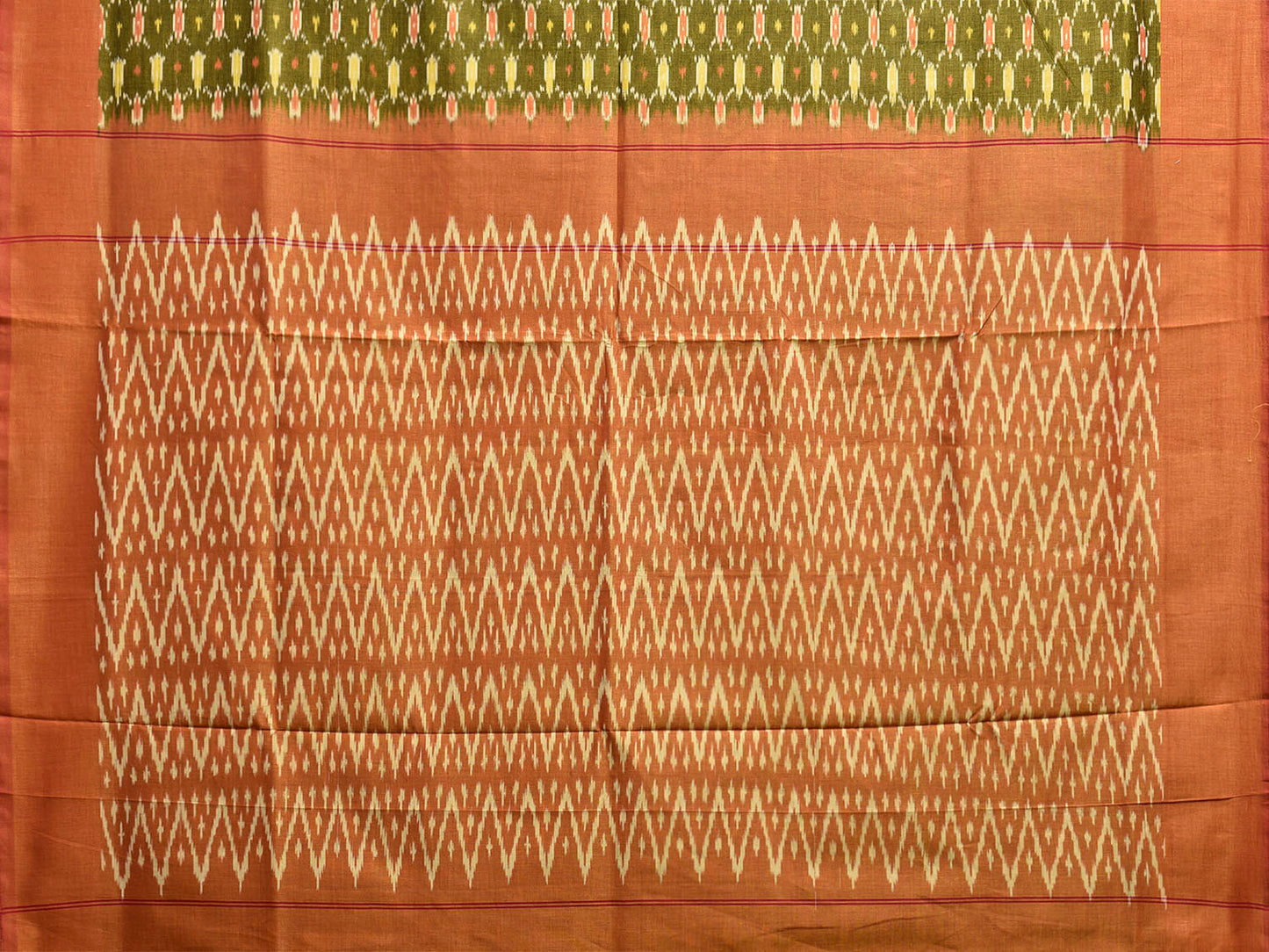 Green and Light Orange Pochampally Ikat Cotton Handloom Saree with Grill Design No Blouse i0942