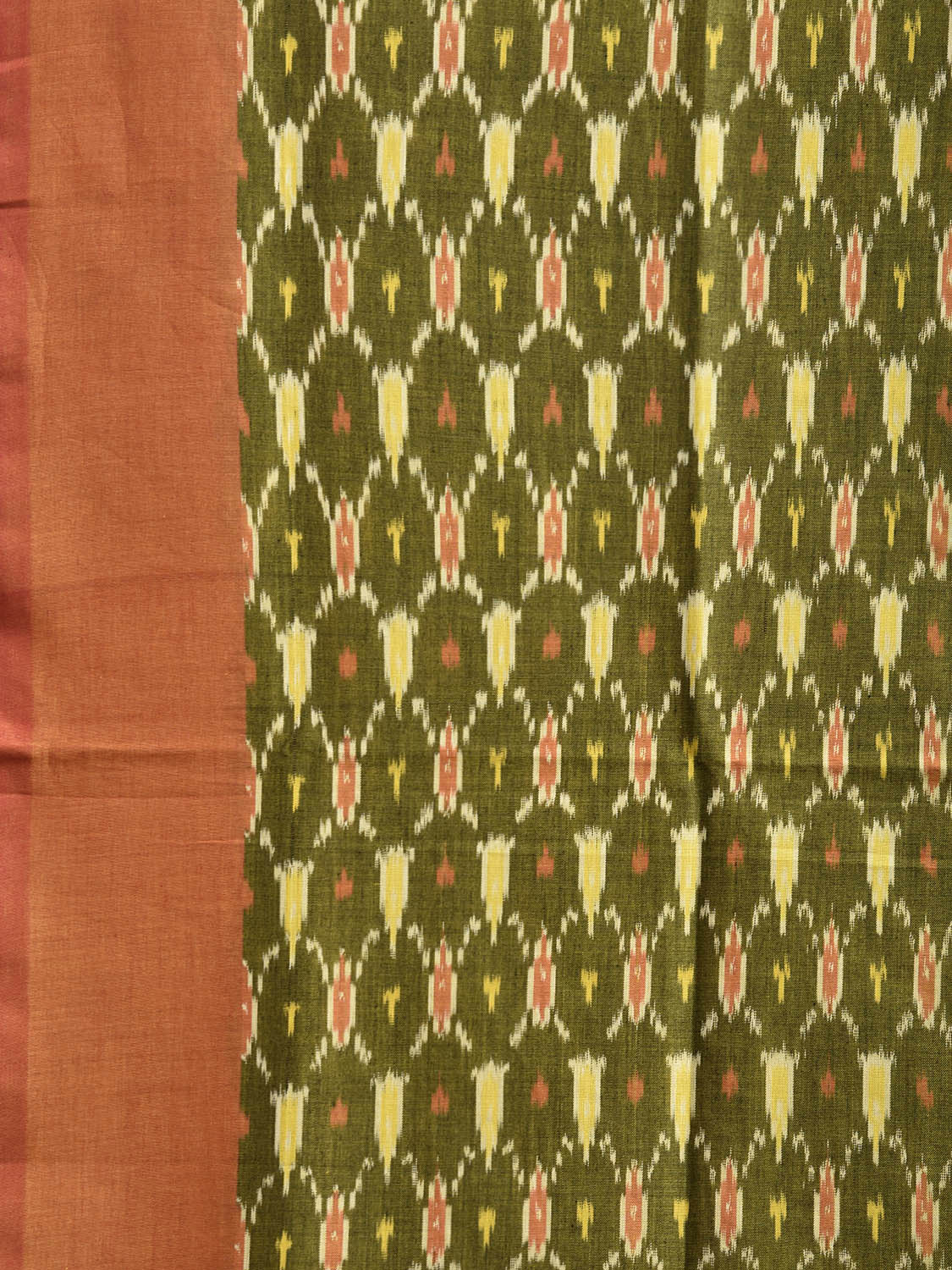 Green and Light Orange Pochampally Ikat Cotton Handloom Saree with Grill Design No Blouse i0942