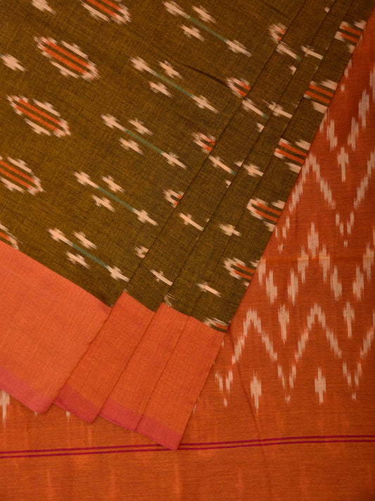 Olive and Orange Pochampally Ikat Cotton Handloom Saree with Zig-Zag Pallu Design No Blouse i0943