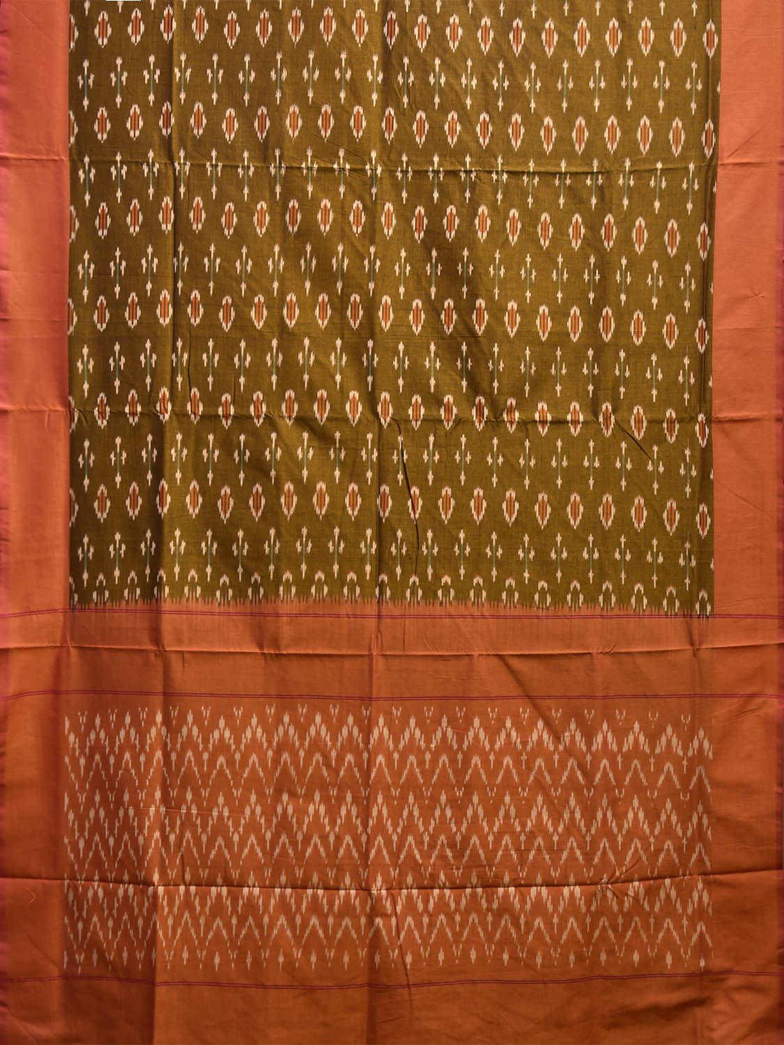 Olive and Orange Pochampally Ikat Cotton Handloom Saree with Zig-Zag Pallu Design No Blouse i0943
