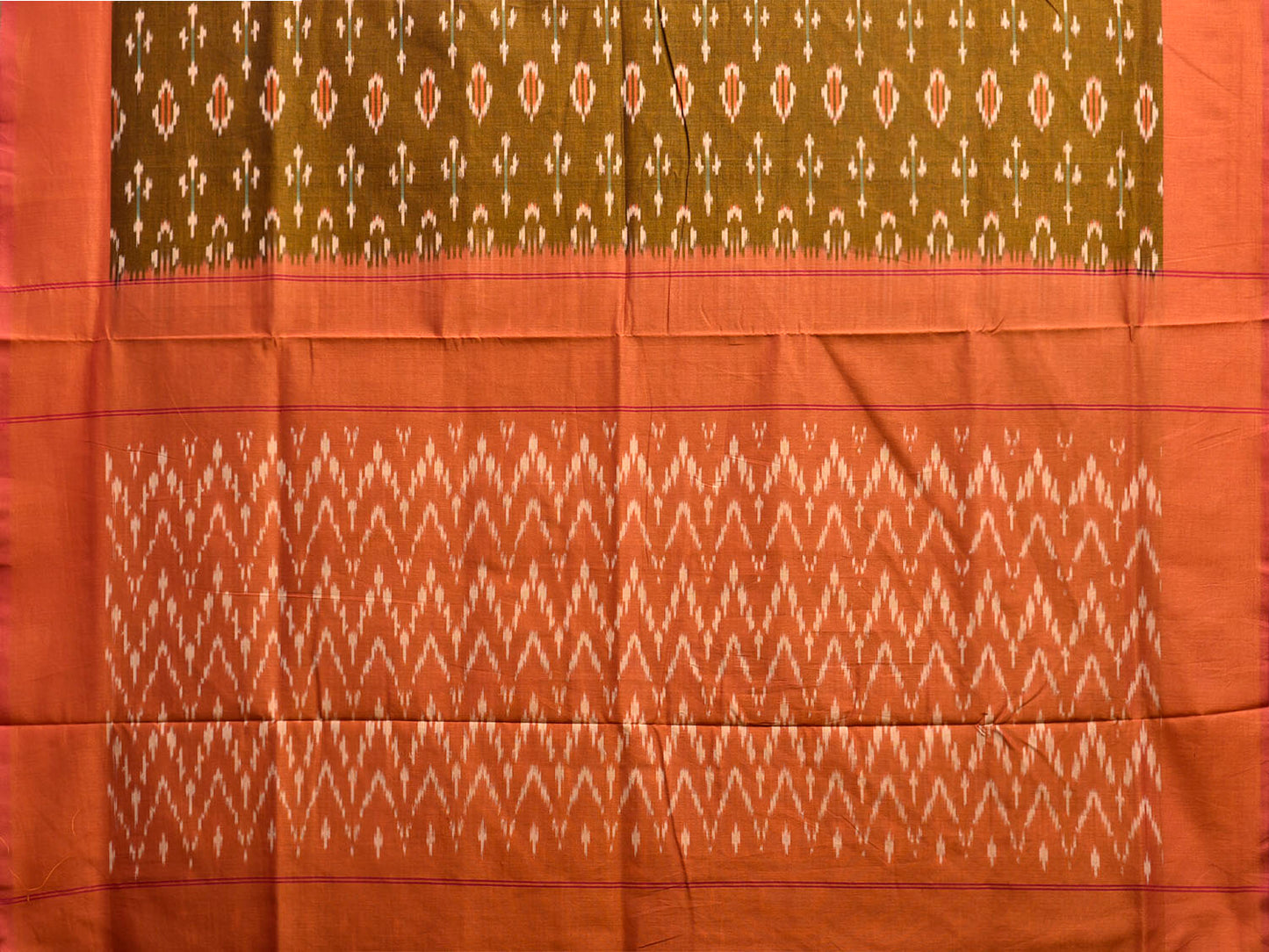 Olive and Orange Pochampally Ikat Cotton Handloom Saree with Zig-Zag Pallu Design No Blouse i0943
