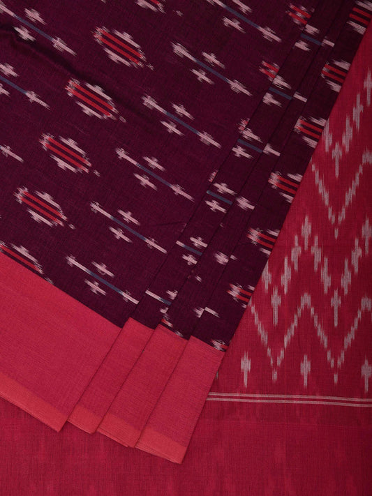 Wine and Pink Pochampally Ikat Cotton Handloom Saree with Zig-Zag Pallu Design No Blouse i0944