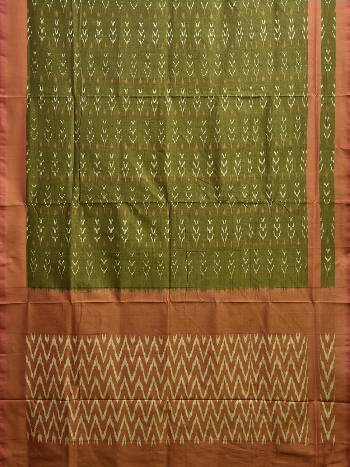 Green and Light Orange Pochampally Ikat Cotton Handloom Saree with Zig-Zag Pallu Design No Blouse i0945