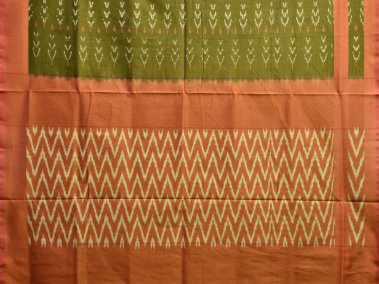 Green and Light Orange Pochampally Ikat Cotton Handloom Saree with Zig-Zag Pallu Design No Blouse i0945