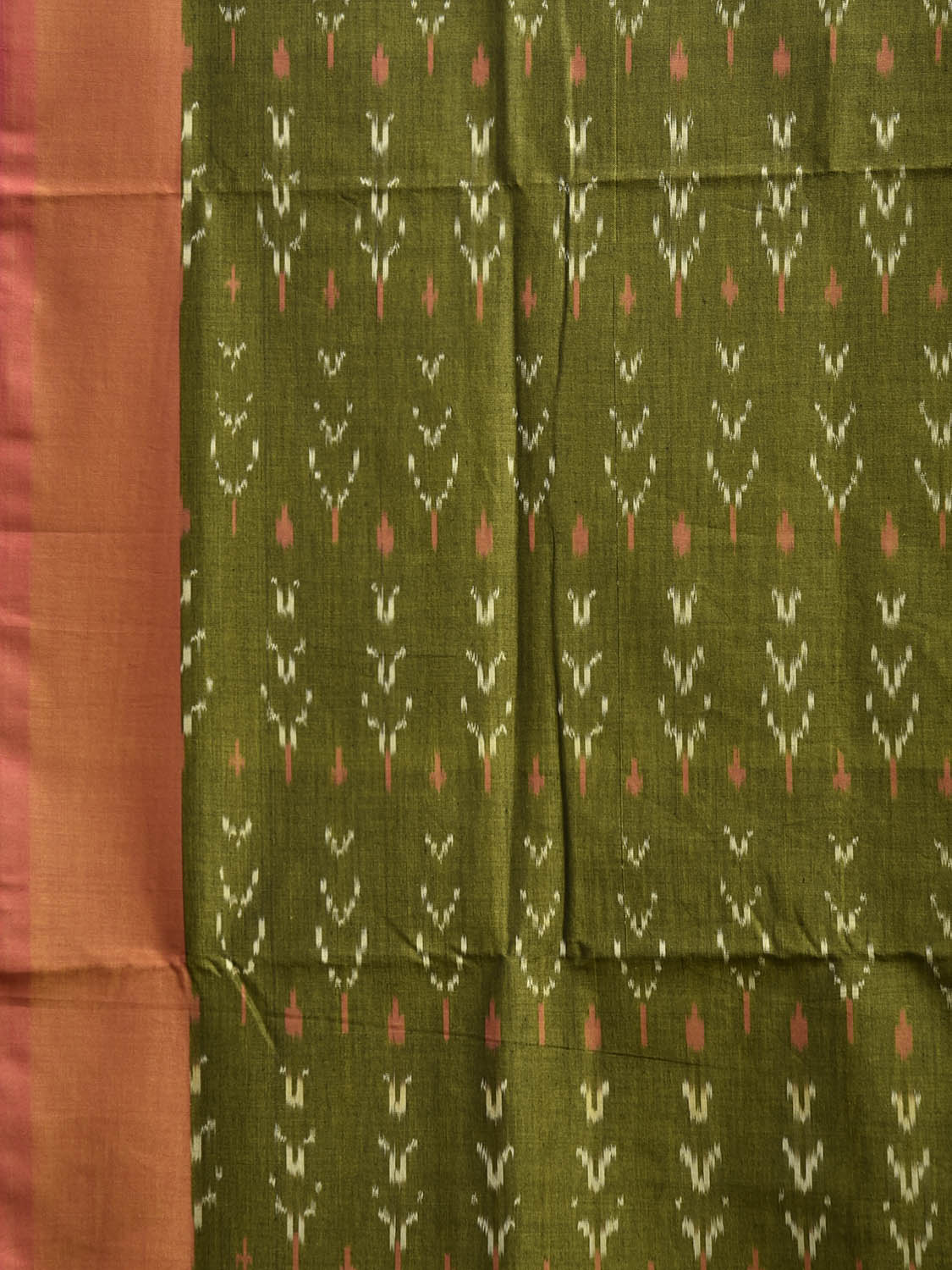 Green and Light Orange Pochampally Ikat Cotton Handloom Saree with Zig-Zag Pallu Design No Blouse i0945