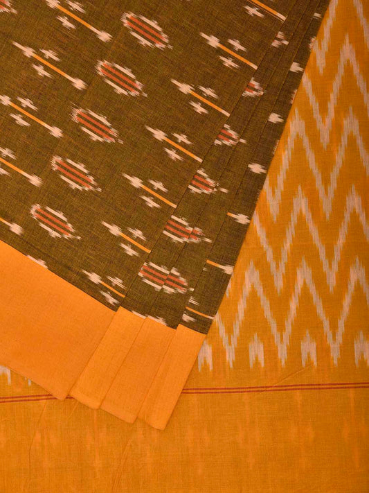 Olive and Yellow Pochampally Ikat Cotton Handloom Saree with Body Buta and Zig-Zag Pallu Design No Blouse i0950
