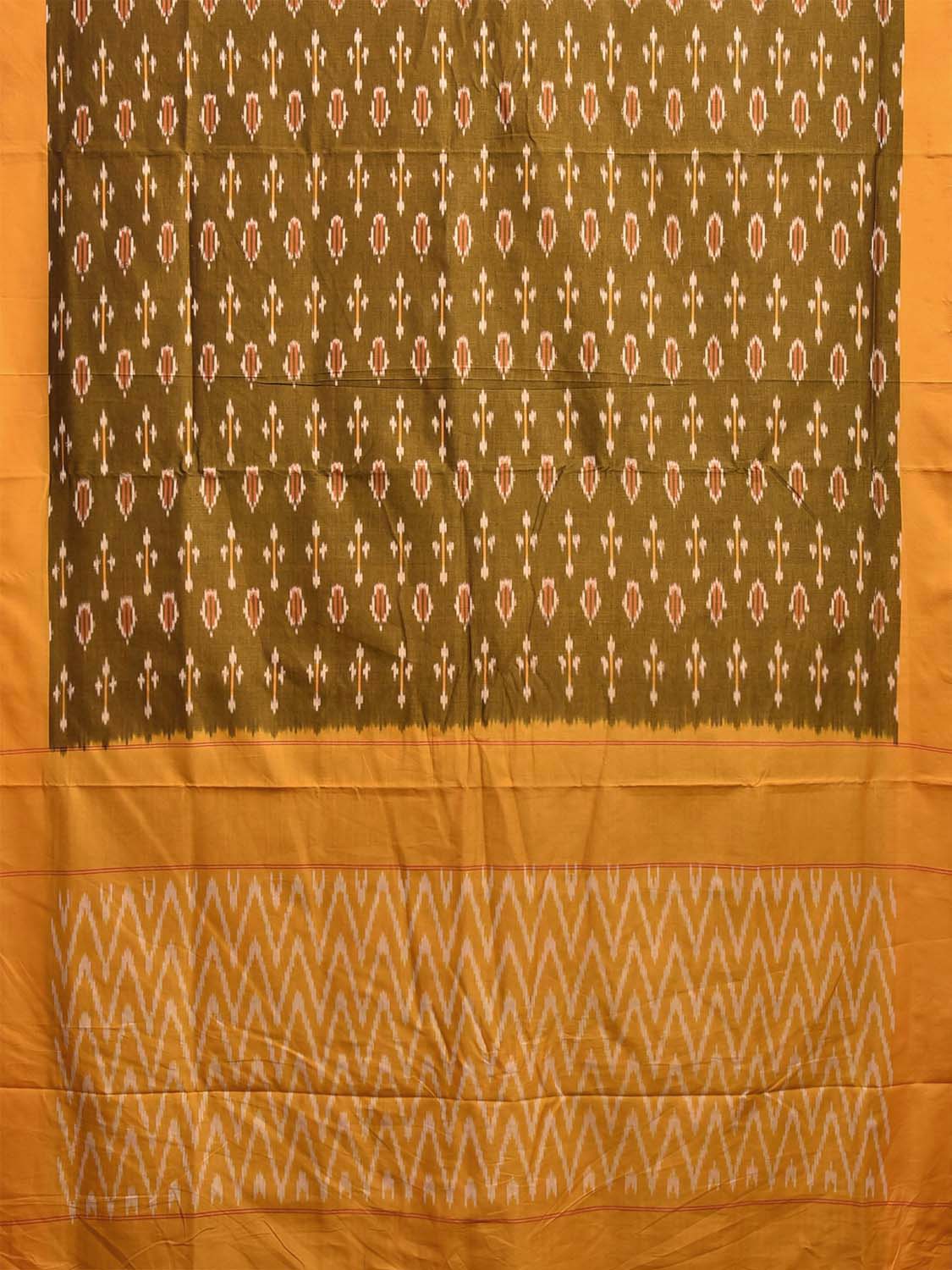 Olive and Yellow Pochampally Ikat Cotton Handloom Saree with Body Buta and Zig-Zag Pallu Design No Blouse i0950