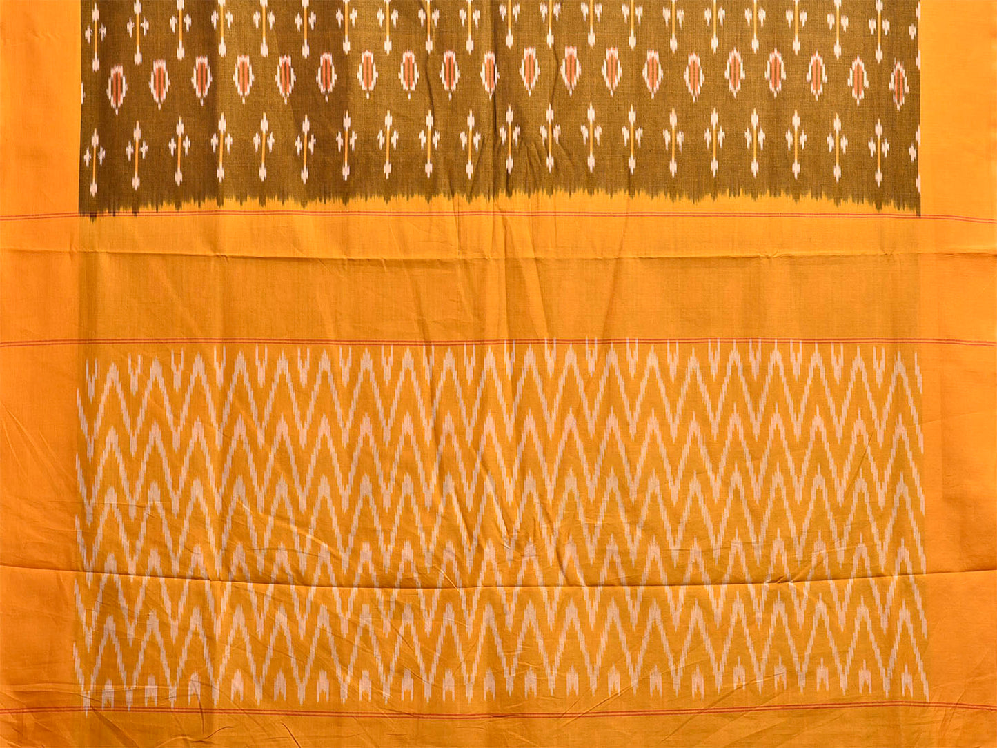 Olive and Yellow Pochampally Ikat Cotton Handloom Saree with Body Buta and Zig-Zag Pallu Design No Blouse i0950