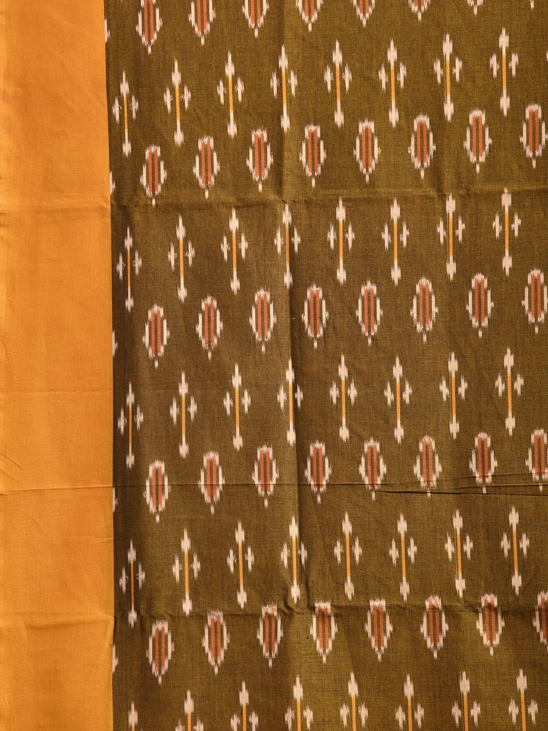 Olive and Yellow Pochampally Ikat Cotton Handloom Saree with Body Buta and Zig-Zag Pallu Design No Blouse i0950
