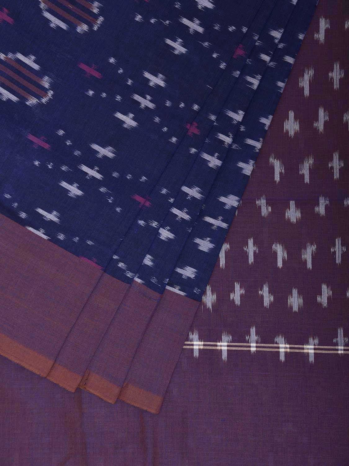 Blue and Purple Pochampally Ikat Cotton Handloom Saree with Body Buta Design No Blouse i0953