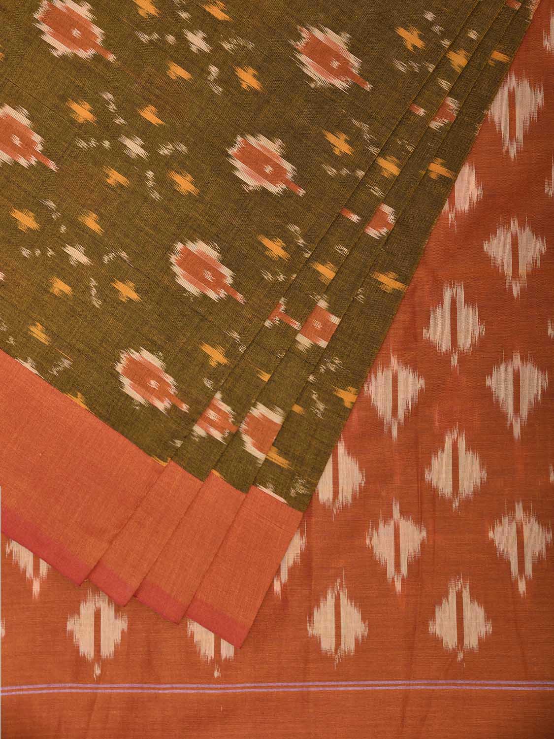 Olive and Orange Pochampally Ikat Cotton Handloom Saree with Body Buta and Pallu Design No Blouse i0954