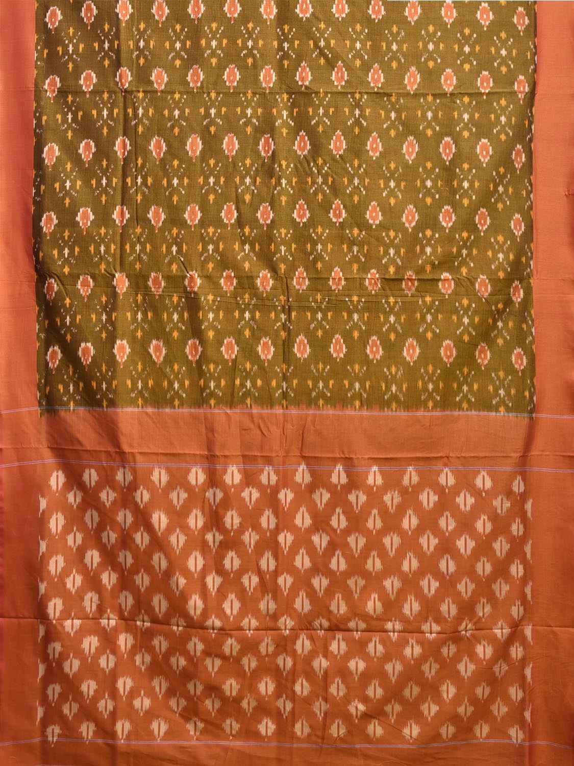 Olive and Orange Pochampally Ikat Cotton Handloom Saree with Body Buta and Pallu Design No Blouse i0954