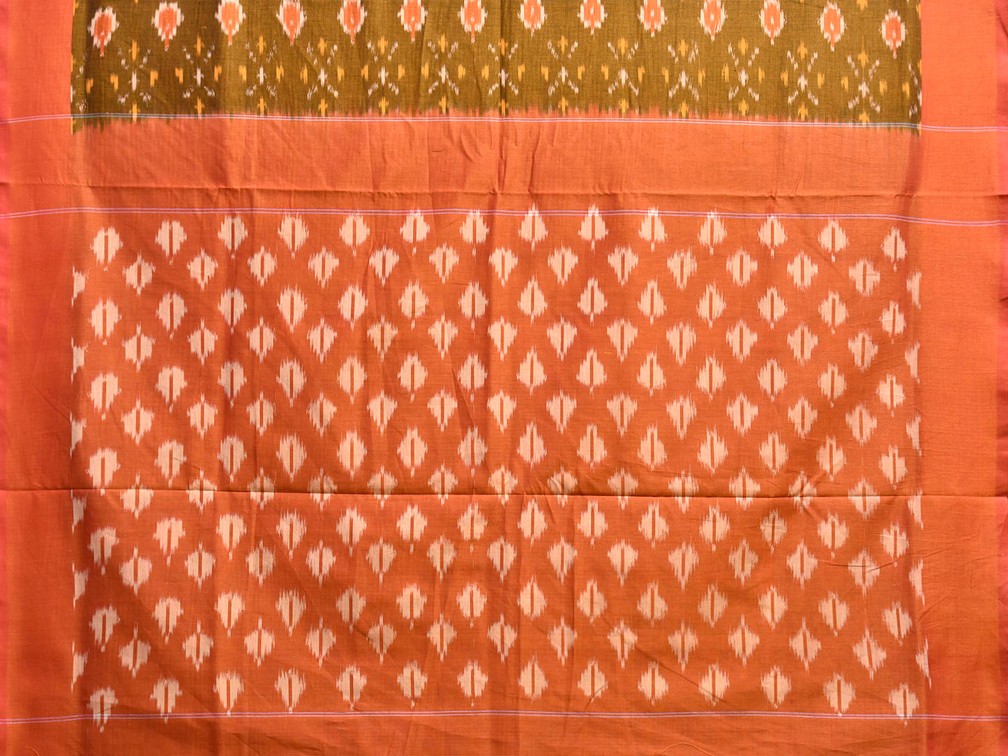 Olive and Orange Pochampally Ikat Cotton Handloom Saree with Body Buta and Pallu Design No Blouse i0954