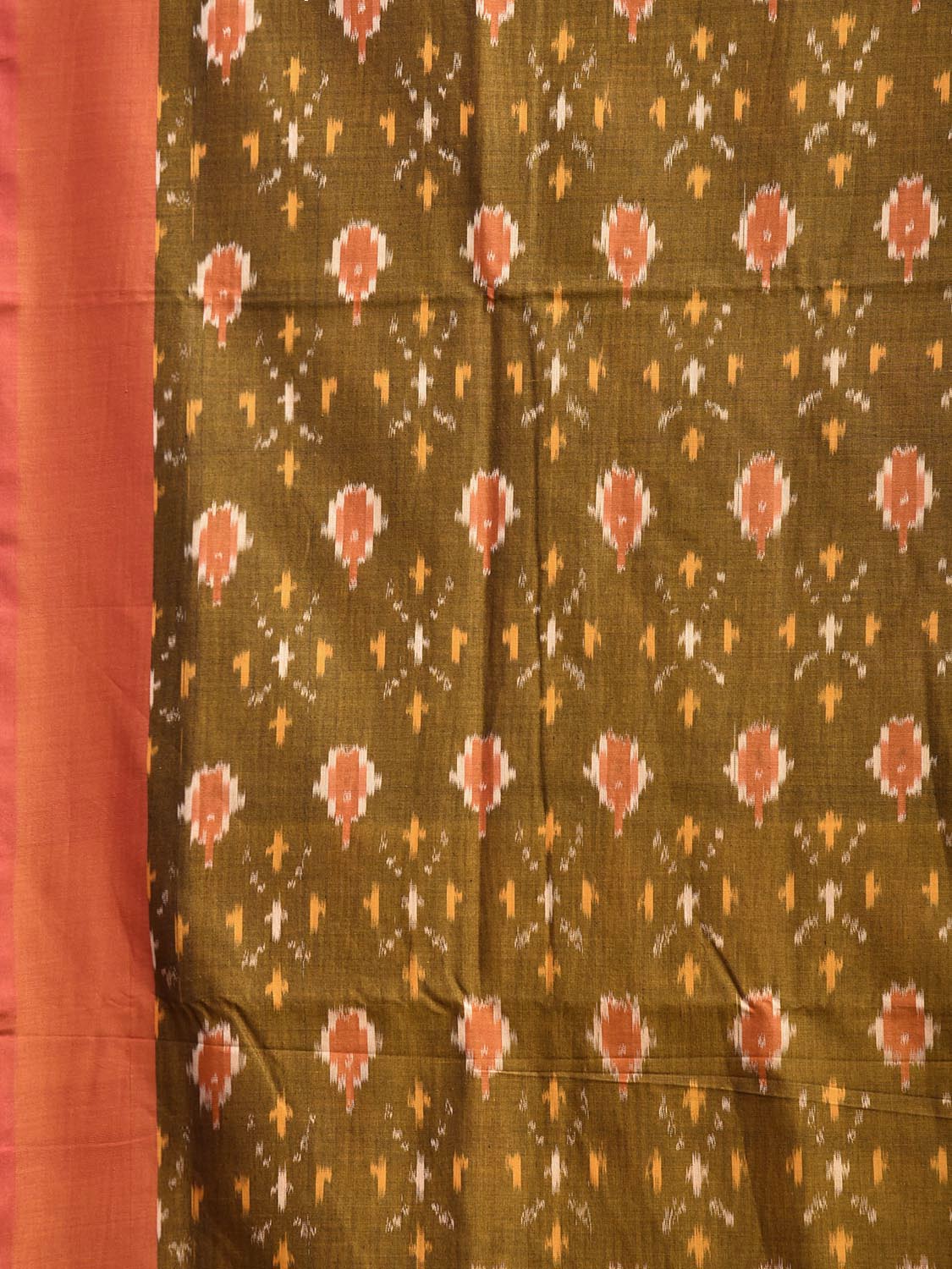 Olive and Orange Pochampally Ikat Cotton Handloom Saree with Body Buta and Pallu Design No Blouse i0954
