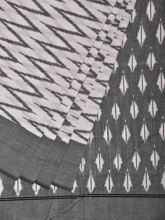White and Grey Pochampally Ikat Cotton Handloom Saree with Zig-Zag Design No Blouse i0955