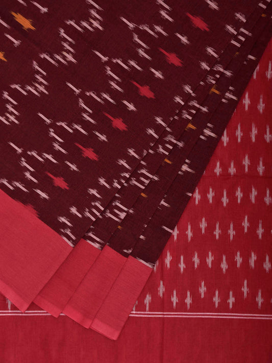 Brown and Red Pochampally Ikat Cotton Handloom Saree with All Over Design No Blouse i0956